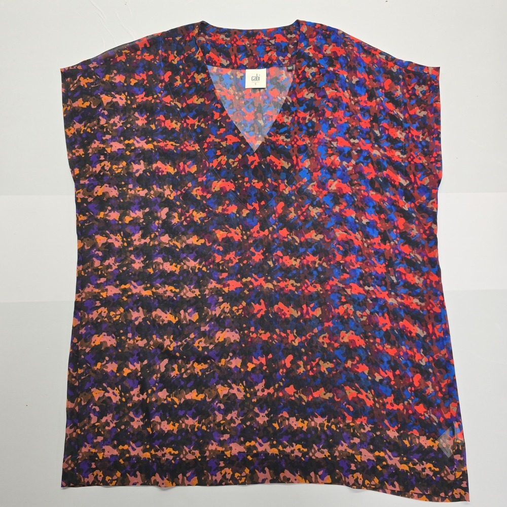 Cabi 3428 Womens Small V-Neck Cap Sleeve Abstract Print Blouse Multi-Color
